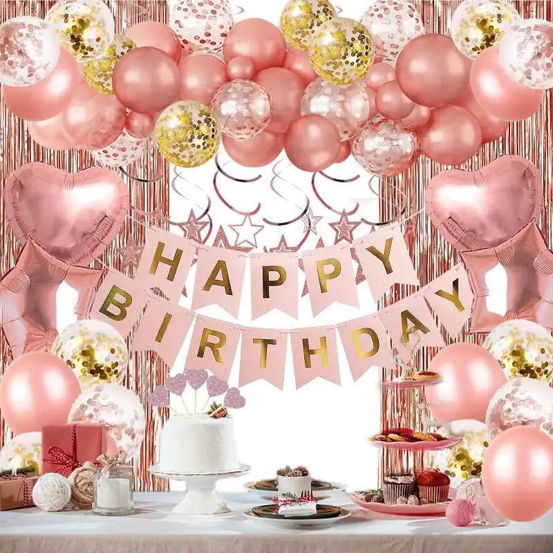 Rose Gold Birthday Party Decorations, Happy Birthday Banner, Rose Gold Fringe Curtain, Heart Star Foil Confetti Balloons