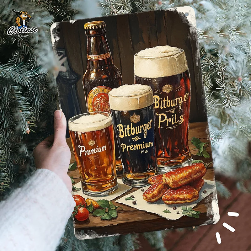 Bitburger Beer,Sausages Metal Sign -  Iron Wall Art, Realistic  Design for Home, Kitchen, Bar Decor - for Beer Festivals, Partie