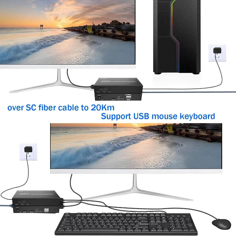Extensor kvm de fibra hdmi, 20km, 4k @ 60hz, cabo de fibra óptica sc, hdmi, usb, extensor de vídeo, suporte para transmissão, teclado e mouse