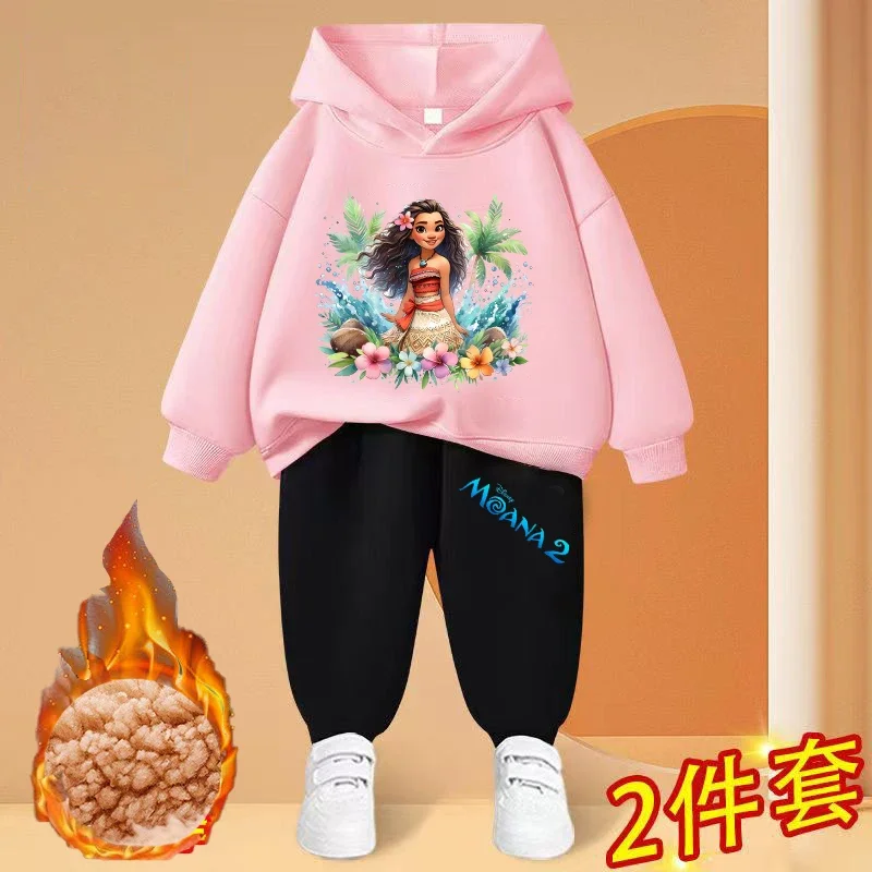 

New Moana 2 Lamb Fleece Child Clothing Set Girl Cute Anime Movie Character Hoodie Hoodie Winter Warm Thick Long Sleeved Top+pant