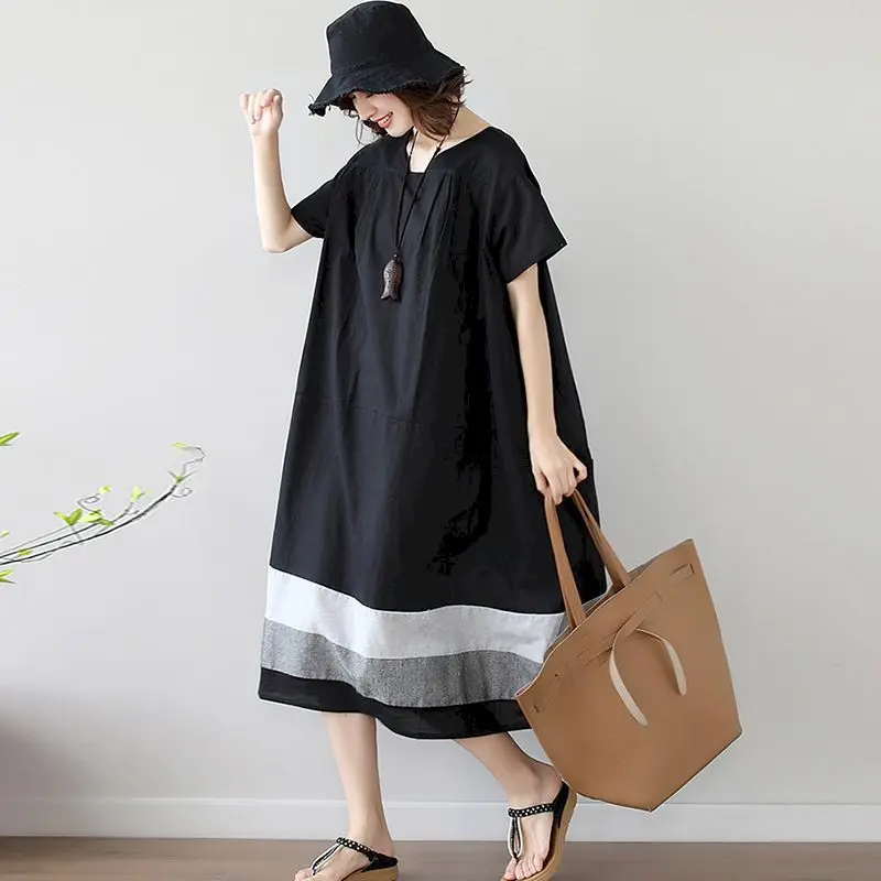 

Cotton Linen Dresses Women Summer Thin Patchwork Oversize Dress Korean Style Loose Casual O-shaped Short Sleeve Mid Length Skirt