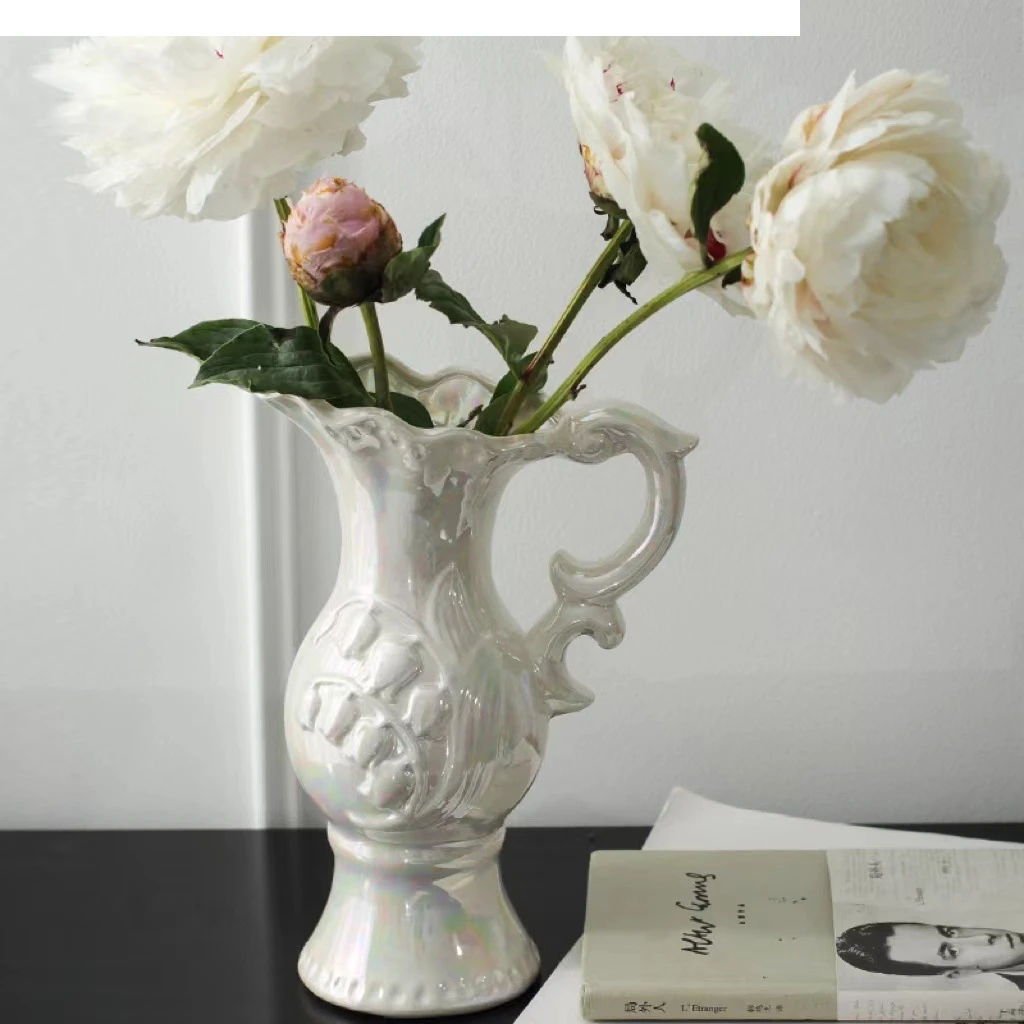 Retro European Ceramic Vase Pearlescent Relief  Lustre Kettle Shape Floral Arrangement Accessories Hydroponics Flower Pot