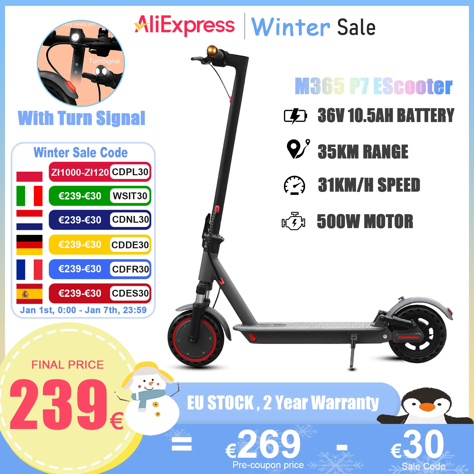 AOVOPRO AP07 Adult Electric Scooter M365 P7 600W Peak Power Motor 35KM Range 31KM/h Turning Light 36V 10.5Ah Foldable EScooter