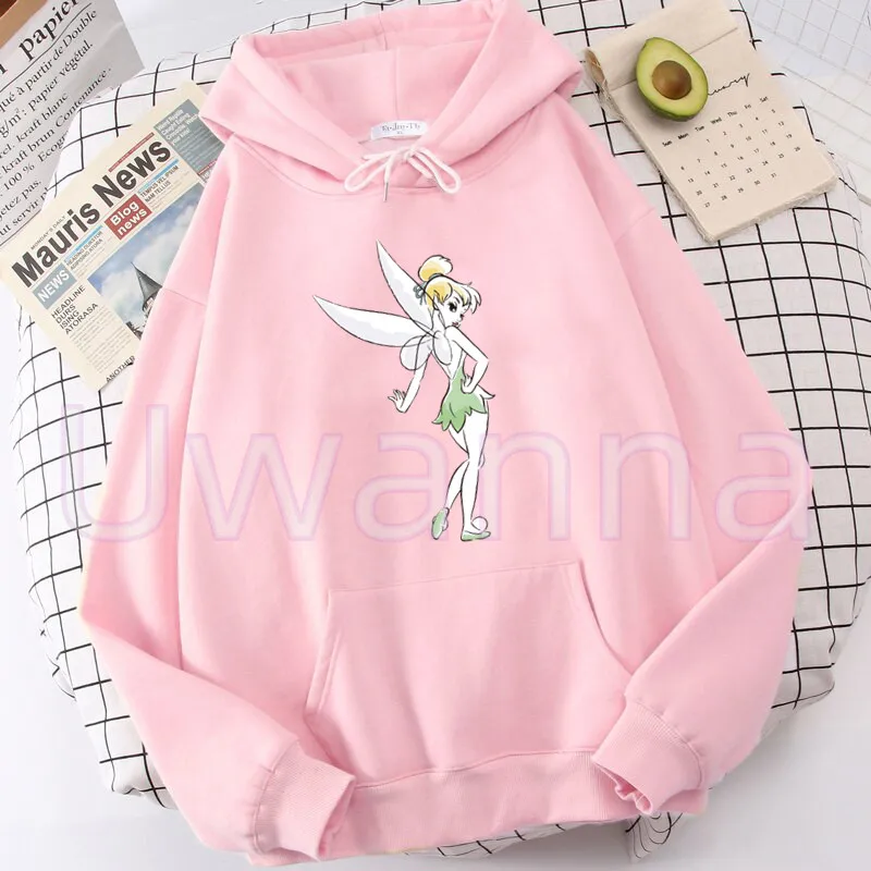 Tinker Bell Hoodies Women's Kawaii Anime Sweatshirts Pocket Printing Flowers Tops Cartoon Hoodie Streetwear Casual Clothes