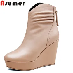 ASUMER 2024 New Pleated Genuine Leather Platform Boots Wedges High Heels Ankle Boots Ladies Zipper Winter Boots