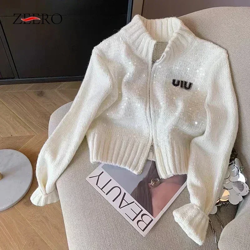 Autumn Winter Retro White Letters Embroidery Sequins Knitted Cropped Cardigans Sweater Jacket Women Kawaii Zipper Sweater Tops