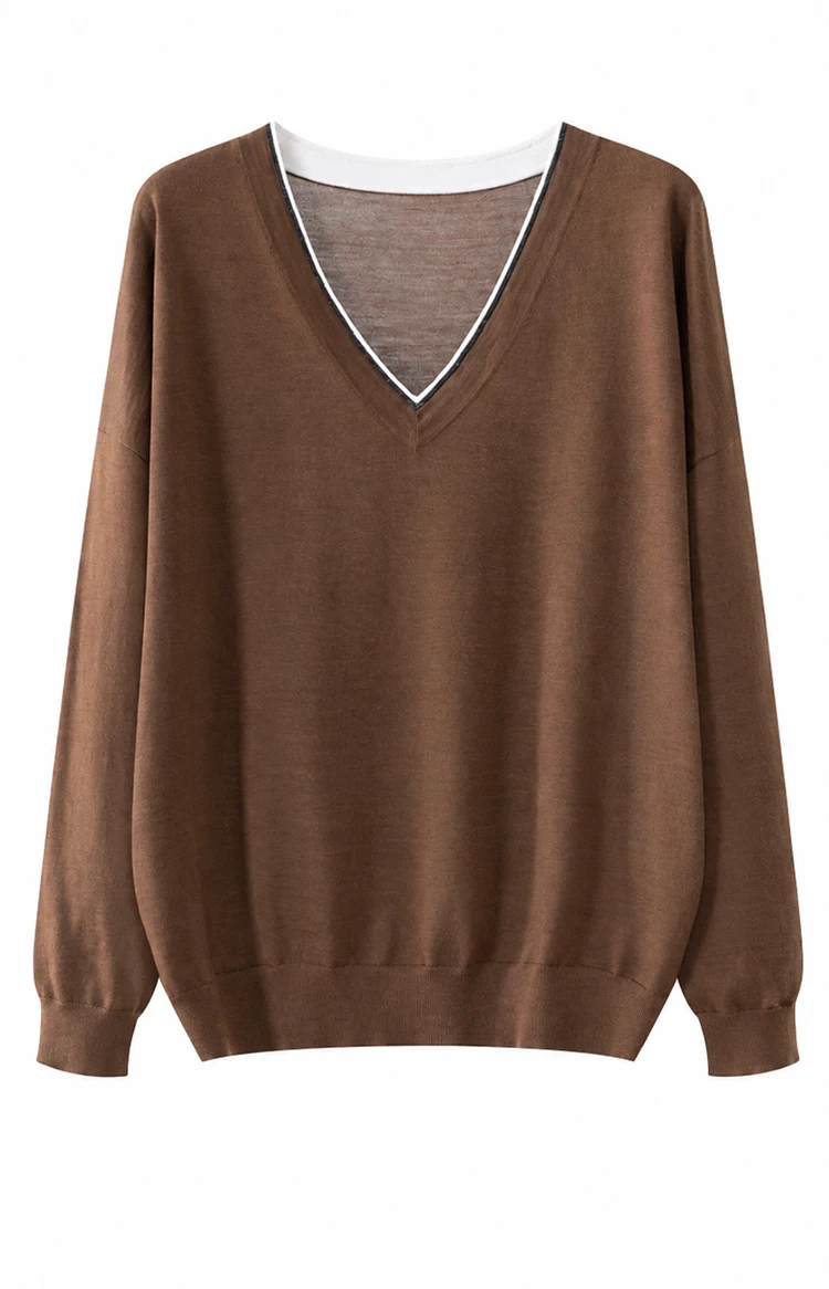 BD3621781 Damen 100% Wolle Oversized V-Ausschnitt Pullover Langarm Kontrastbesatz V-Form Kette Zweifarbig Entspannter Luxus Herbst – Detail 14