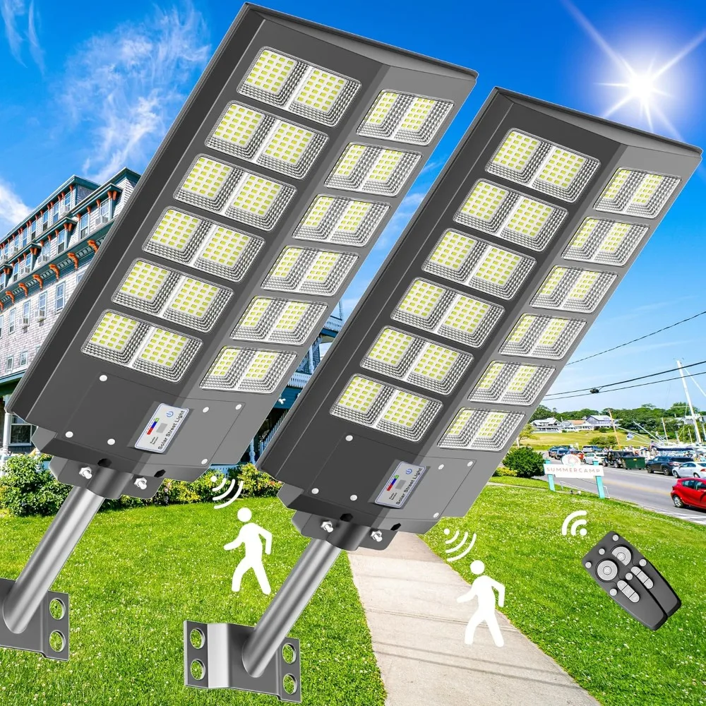 2-Pack Solar Parking Lot Lights, 4800W Solar Street Light IP67 Waterproof Solar Wide Angle Lamp with Motion Sensor for Yard