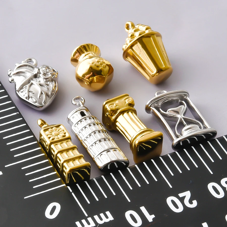6Pcs Famous Building Pendant Pisa Tower Human Heart Hourglass Moneybag Popcorn Stainless Steel Charm DIY Necklace Jewelry Makin