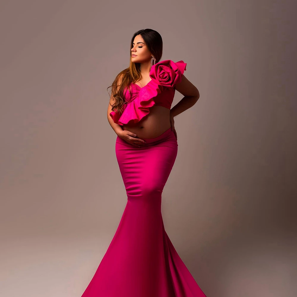

Two Pieces Elastic Maternity Dress Unique Flowers Mermaid Prageant Women Gowns One Shoulder Ruffles Floral Photo Shoot Dresses