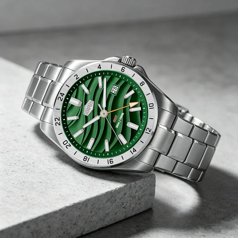 Image of HEROFORCE Quarzuhr Modeuhr GMT Datum Armbanduhr Herren Wasserdicht Schwimmen Leuchtend Edelstahl Top-Marke Luxusuhren