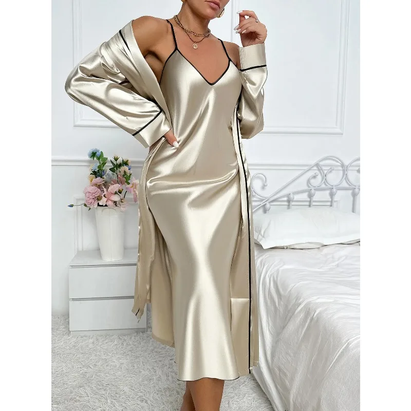 Women's Sexy Fashion 2 Piece Pajama Set V-Neck Slip Dress with Long Robe Sleepwear 3