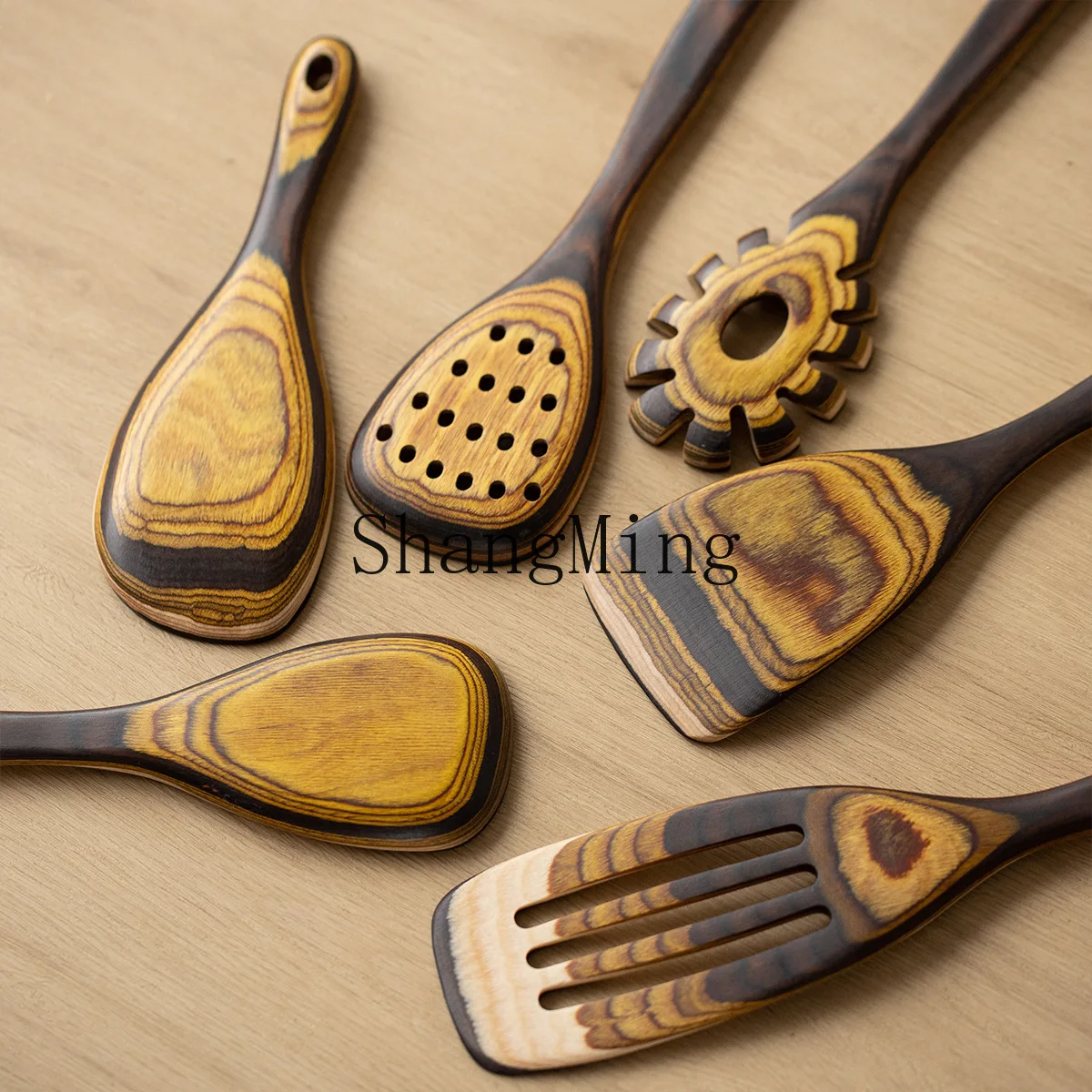 

PYH retro wind gradual change colored wood kitchen cooking wood shovel household kitchen set spatula rice spoon colander