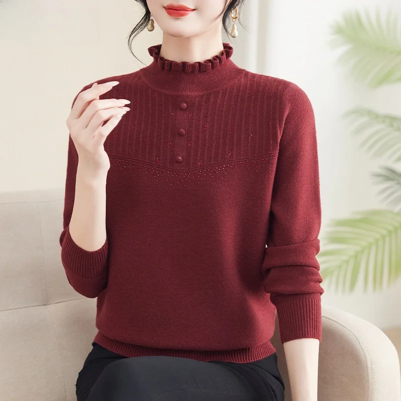 

Ele Knitted Sweater Thin Base Layer Top for Middle-Aged And ly Women Autumn Faion Loose Fit High Collar Pure Color