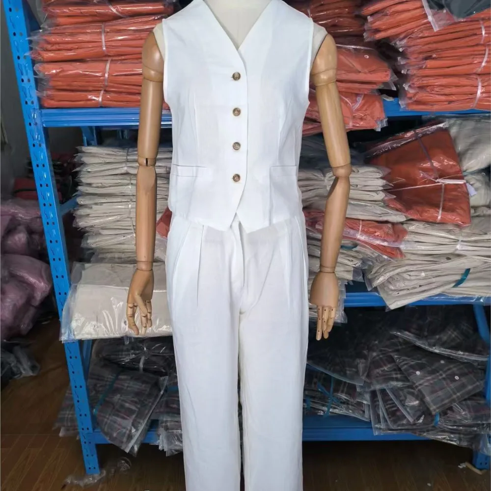 Damskie komplety spodniowe na wiosnę i jesień, jednolite kolory, luźny krój, codzienne, modne komplety spodniowe, topy na szelkach, zapinane na jeden guzik, bluzki i spodnie, dwuczęściowy zestaw.