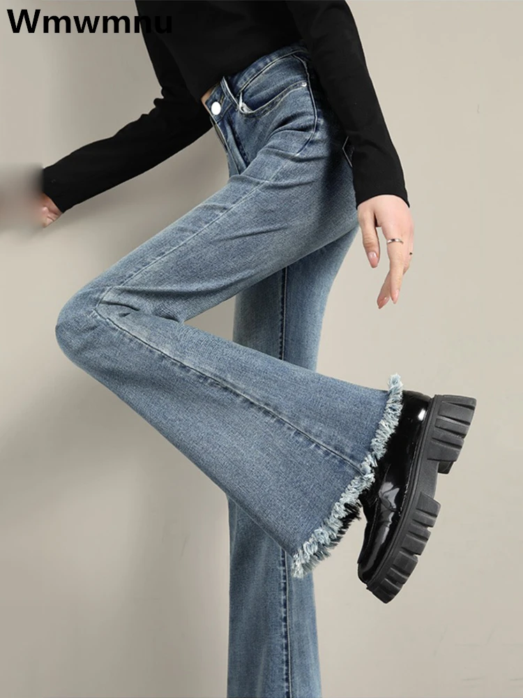 

Skinny Ragged Edge Flare Jeans Women Korean High Waist Denim Pants Streetwear Vintage Kot Pantolon New Slim Wash Vaqueros