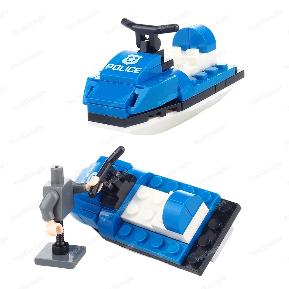 Blocs de construction de bateau à moteur de mer, figurines MOC, patrouille de sauvetage, motomarine, équipement de bateau à moteur rouge et bleu, scènes, modèles cadeaux, jouets pour garçons