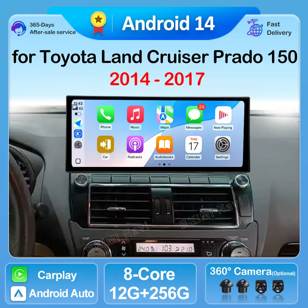 Navegación para Toyota Land Cruiser Prado 150 2014 2015 2016 2017 GPS Android 14 CarPaly reproductor Multimedia DSP Stereo360 cámara
