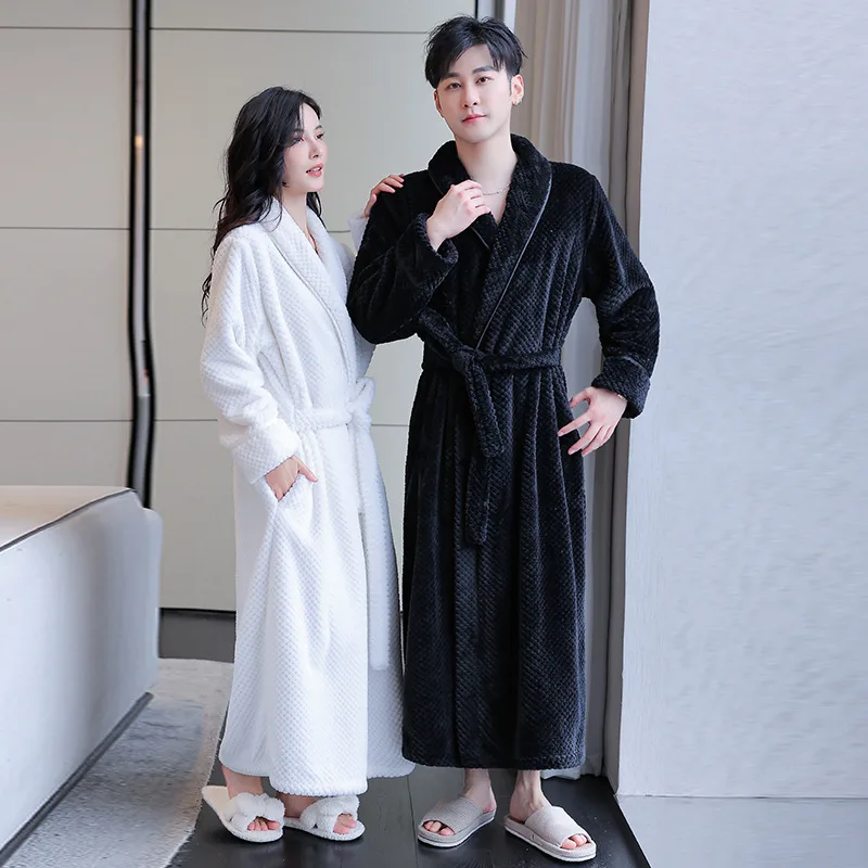 Autumn Winter Thick Flannel Couple Pajamas Nightgown  Bath Robe Kimono Bathrobe Fleece Loungewear Sleepwear Warm Robes Belts