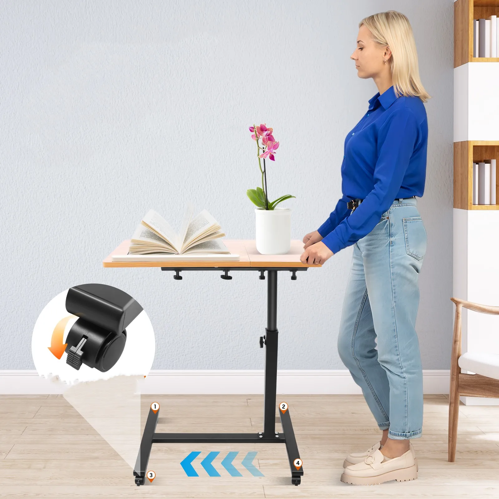 Adjustable Rolling Laptop Stand, 360° rotatable & tilting tabletop height adjustable Mobile wheel design for home office bedside