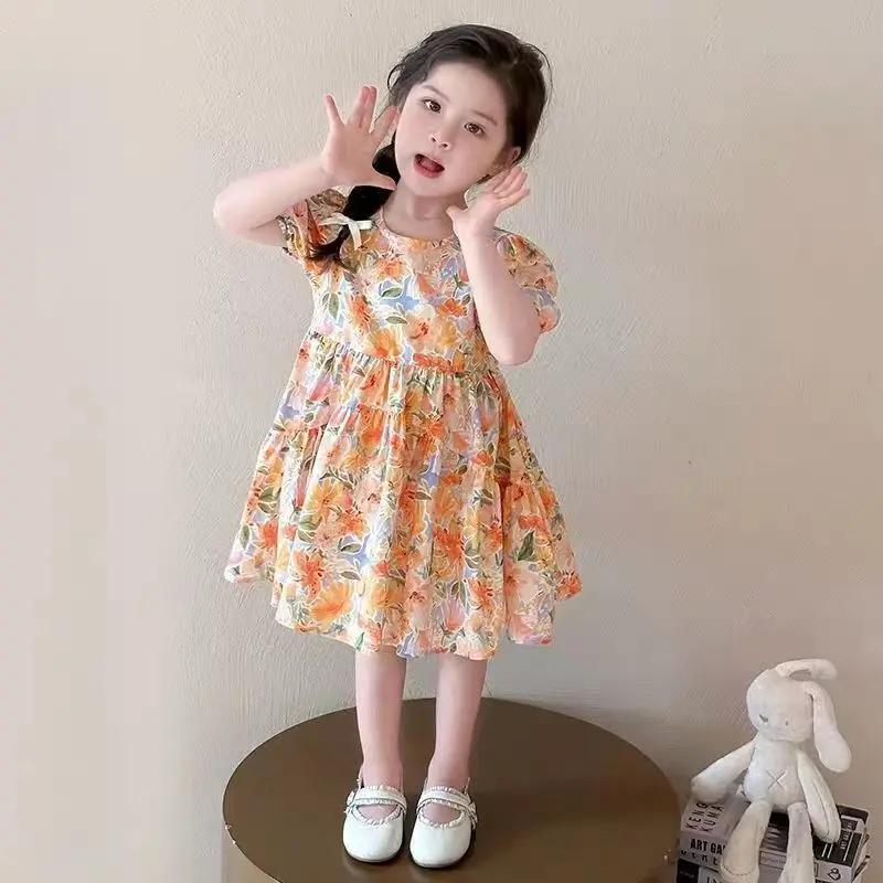 

Girls' Summer 2026 New Sweet Floral Full Print Cotton Breathable Cute Round Neck Dress