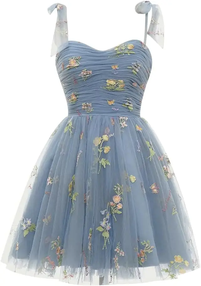 

Women's Tie Strap Tulle Prom Dresses Sweetheart Flower Embroidery Dress Short Formal Party Mini Homecoming Dresses