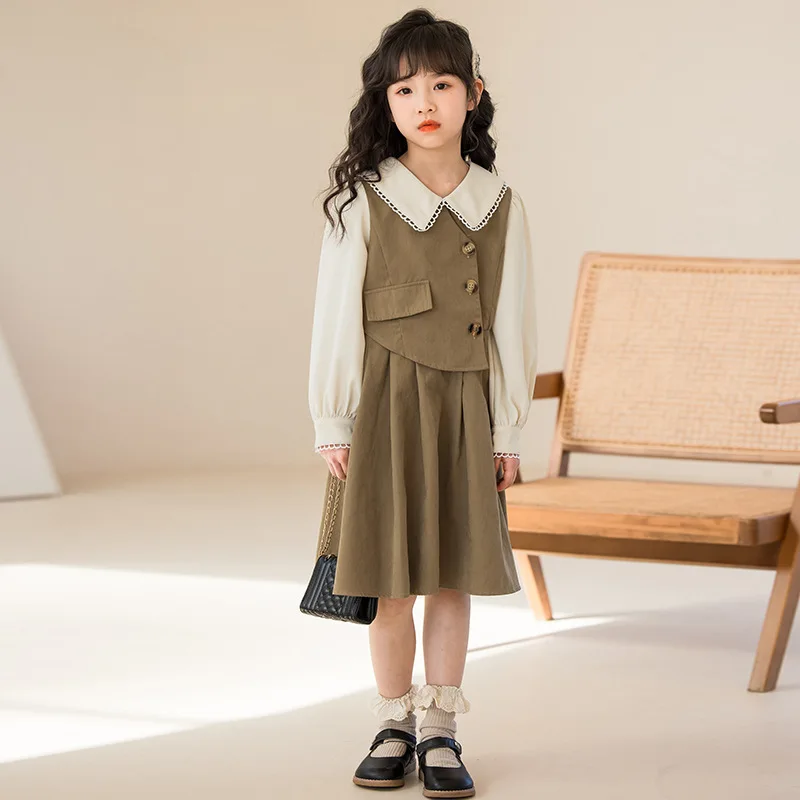 ZOETOPKID Autumn Winter Vintage Patchwork Girls Long Dress Fake Two-Piece Children's Fashion Dress Kids Girls Long Skirt