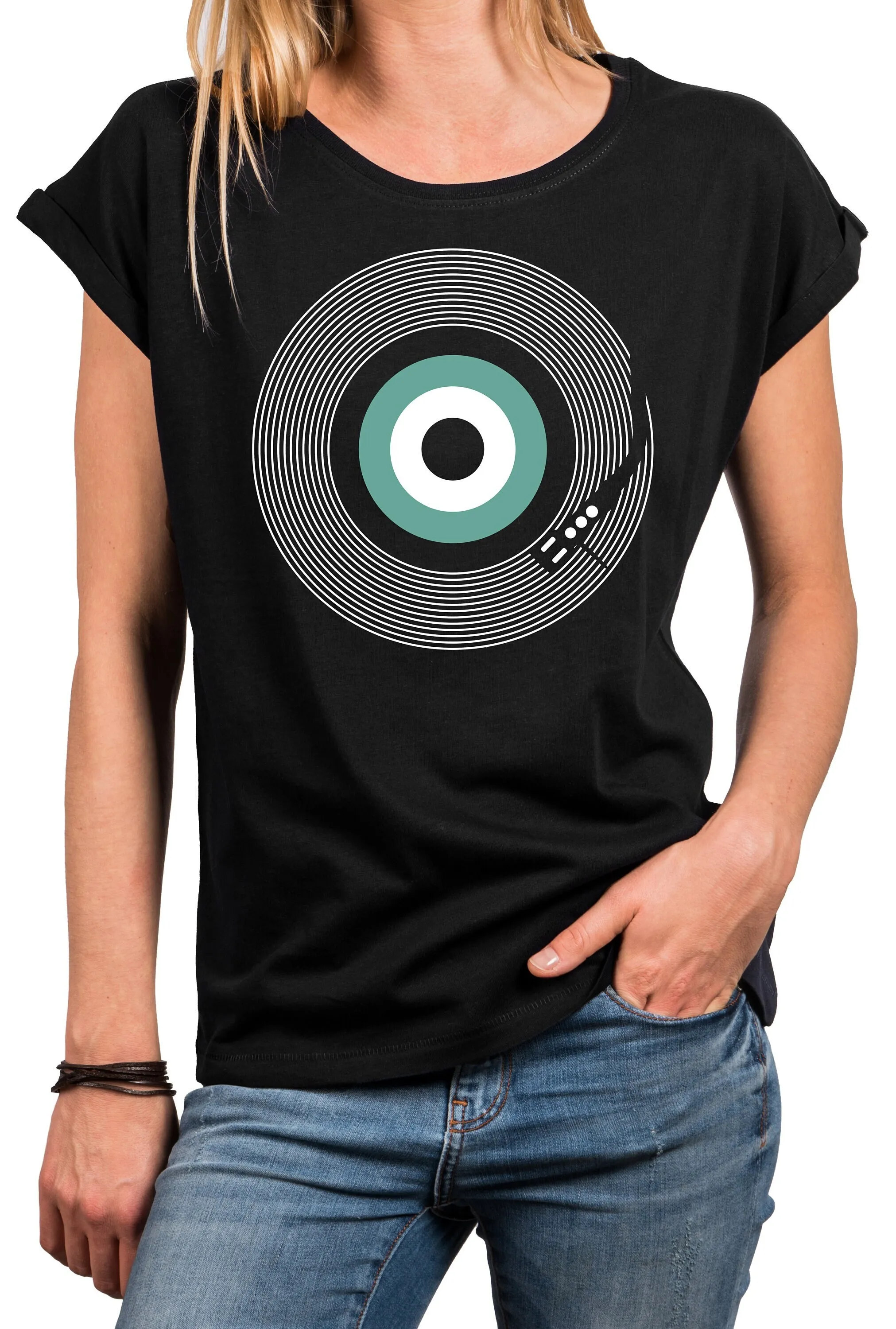 Women'S Shirt Vintage Music Motif Print Record Vinyl Retro Gifts For Lovers Top With Hip Hop Large Sizes