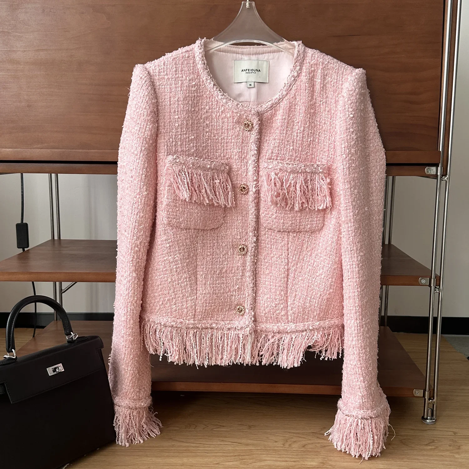 

Short Tweed Coat for Women, French Small Fragrant, Pink Woven Jacket, Three-Dimensional Fringed, High Quality, New, 2024