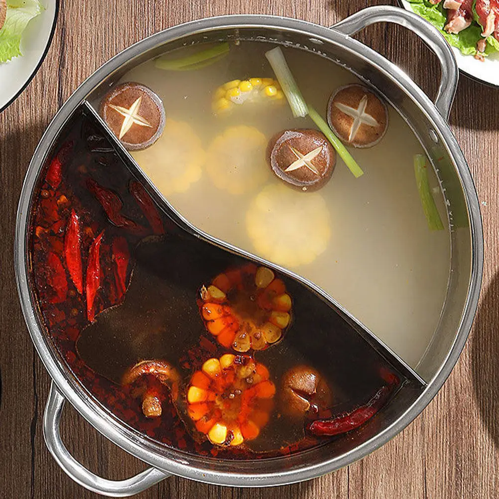 

Double Compartment Hot Pot Stainless Steel Kitchen Cooking Pot with Handles for Gas Induction Stove Easy Clean Divided Soup Pan
