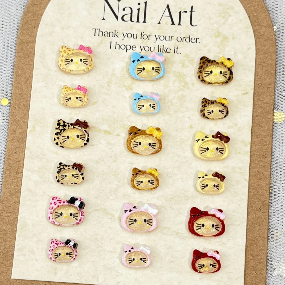 

New 20Pcs Kawaii Anime Hello Kitty Resin Colorful Hat Nail Art Accessories Diy Design Leopard Print Bowknot Headgear Nail Decora