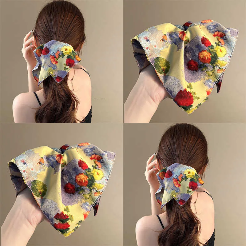 

Oil Painting-Style Square Scarf Hair Tie for Women Ponytail Hair Band Relaxed Vibe Fabric Hair Rope Rubber Band Hair Accessories