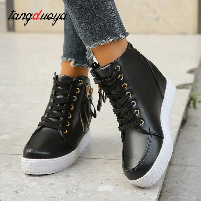 Platform trainers women high top sneakers hidden heel double zipper leather shoes casual ankle boots for women black