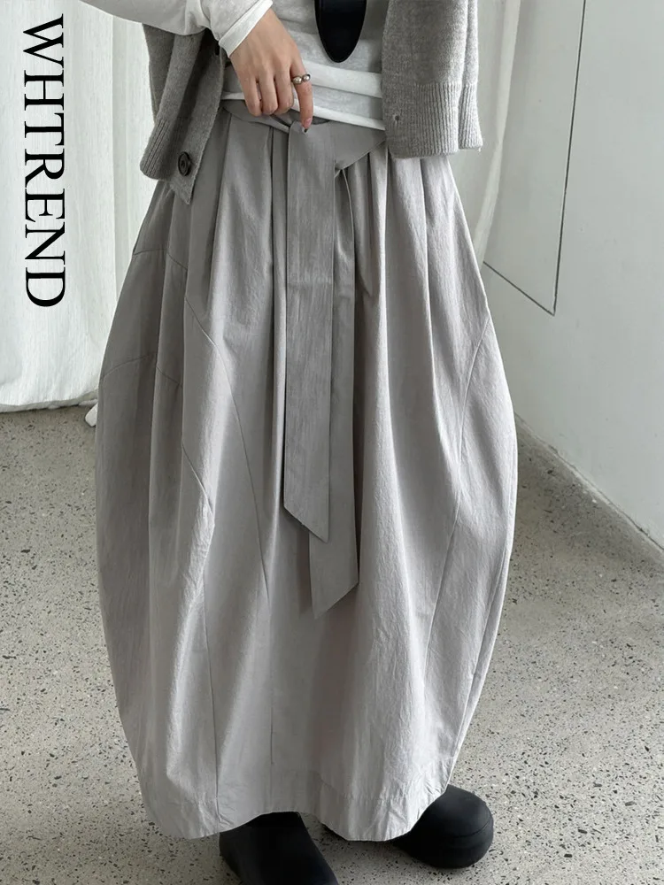 

WHTREND Korean Style Three-Dimensional Flower Bud Design Tie Skirt Women Autumn New Style Fold Airy Long Skirts WH1225