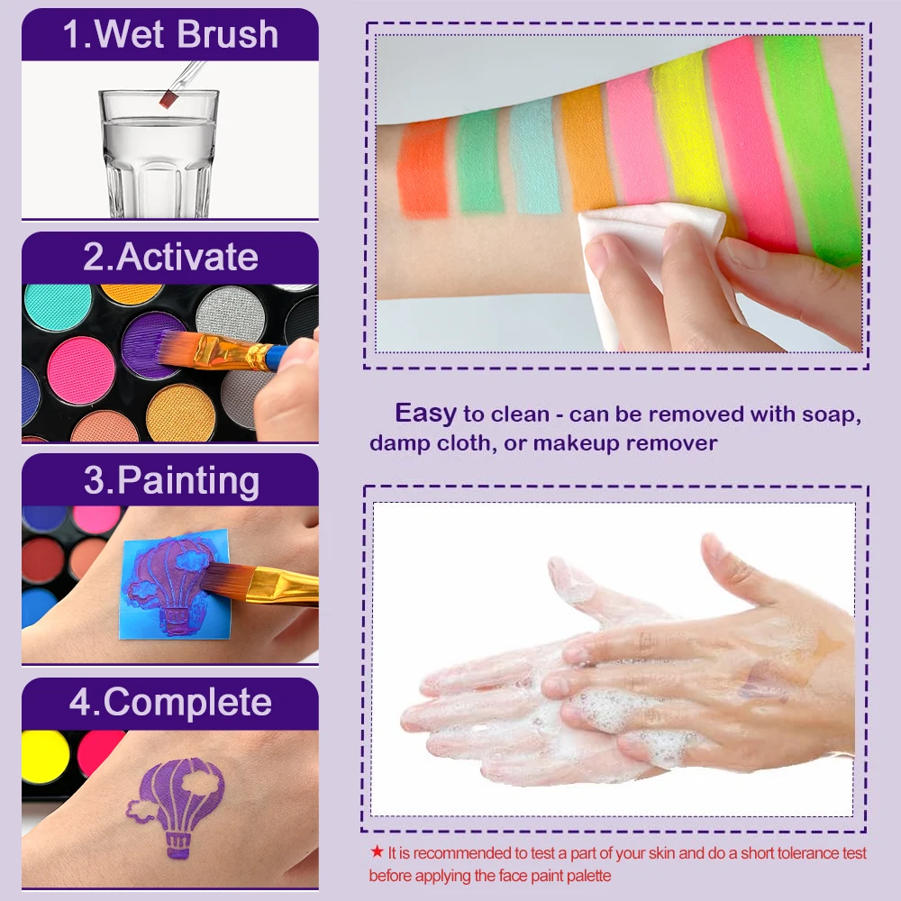 طقم طلاء الجسم مكون من 22 لونًا للأطفال والكبار، لوحة مكياج طلاء الوجه مع فرشاة، حفلة فنية لفن كرنفال الهالوين
