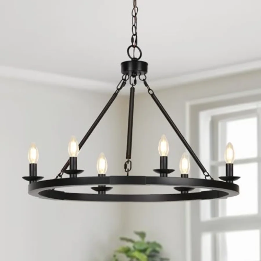 

Black Farmhouse Chandelier, 6-Light Wagon Wheel Chandelier with Adjustable Height, Dining Room Light Fixture, Hanging Lights fo