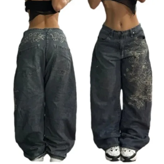 

Women washed high waisted wide leg jeans American retro loose straight mopping pants