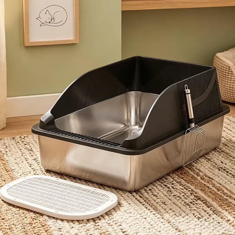 Durable Modern Stainless Steel Cat Litter Box High Edge Semi-Closed Metal Pet Cleaning Supplies Suitable for Multiple Cats
