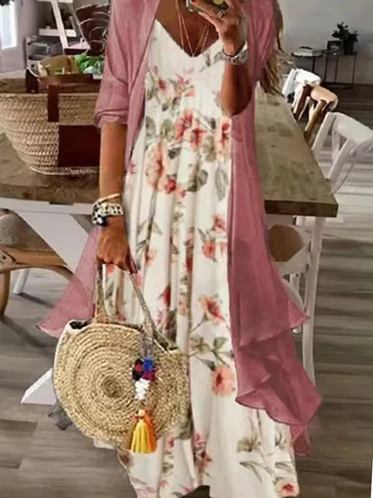 Vintage Printing Chiffon Cardigan 2 Piece Camisole Dress Elegant Autumn Half Sleeve Draped Evening Dresses Women Suit 2024 New