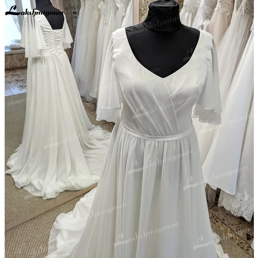 White Chiffon Half Sleeves Wedding Dress Lace Up Floor-Length V-Neck A-Line Wedding Gowns Custom Made Court Train Bridal Dresses