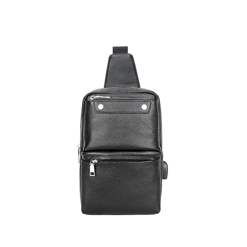 New 100% Cowhide Leather Casual Fashion Crossbody Chest Bag Men's Leather Bag USB Charging Travel Shoulder Bag Daypack Male