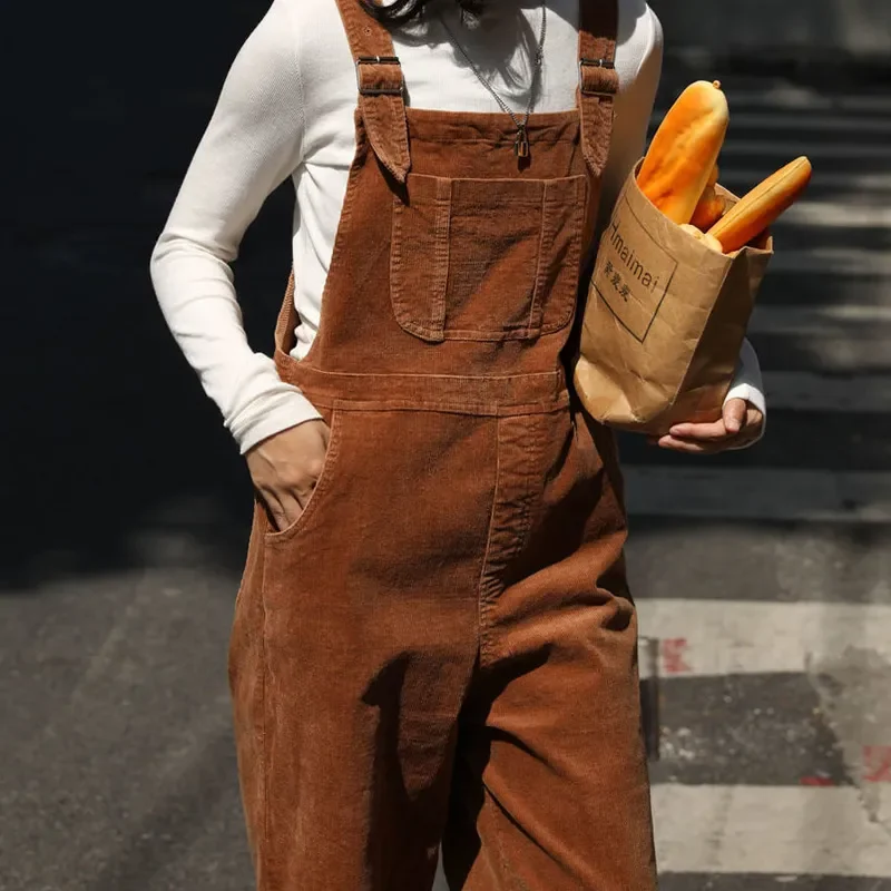 

Women Autumn Brown Corduroy Jumpsuits Straight Baggy Overalls Vintage Casual Wide Leg Trousers Female Jump Suits for Women