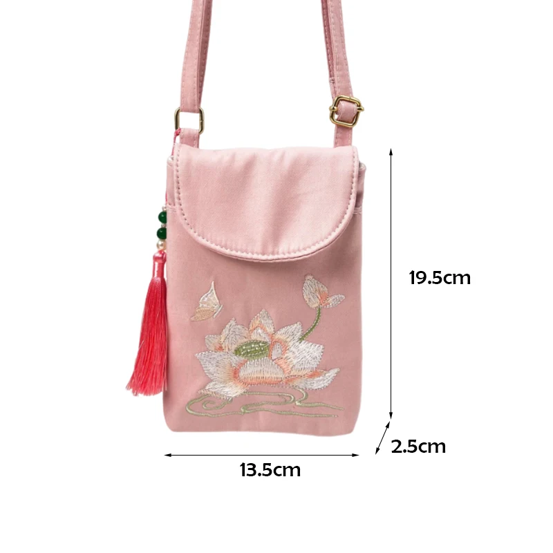 New Chinese Style Girl Mobile Phone Bag Embroidered Flowers Shoulder Messenger Bags Portable Strap Adjustable Women Small Bag