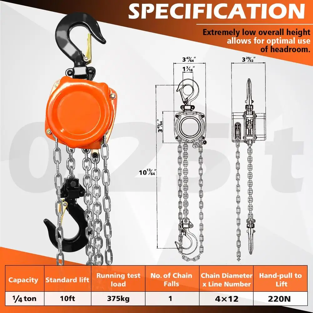 Compact Portable Mini Hand Chain Hoist 1/4 Ton 550Lbs 10FT Lift Height Efficient Brake System Durable Reliable Safe Easy