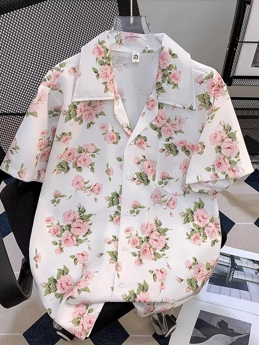 Summer Casual Floral Print Ice Silk Men's Shirt Short Sleeve Loose Fit Breathable Lightweight Polyester Beachwear Daily Wear