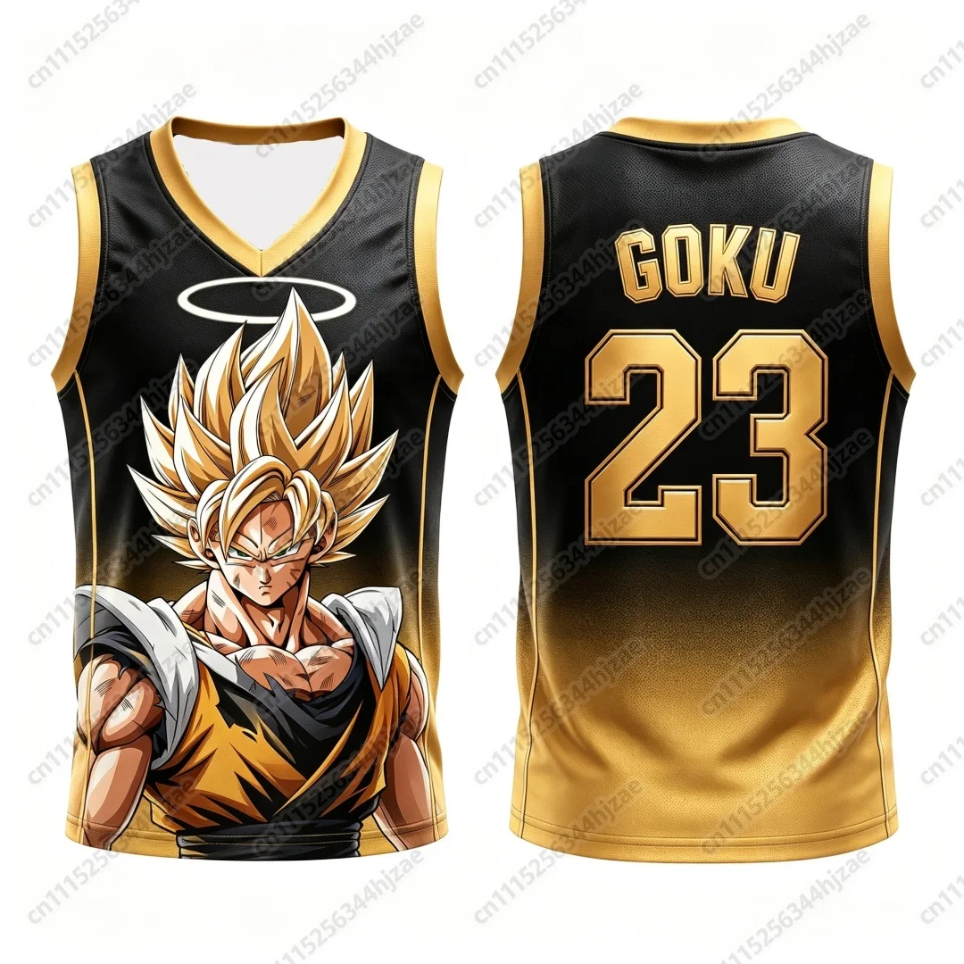 Dragon Ball Goku Super Saiyan Nr. 23 Basketball-Trikot für Herren, 3D-Druck, Sport-Tanktop, weiß-goldener Farbverlauf, Anime-Design, passend für die ganze Familie. – Detail 6
