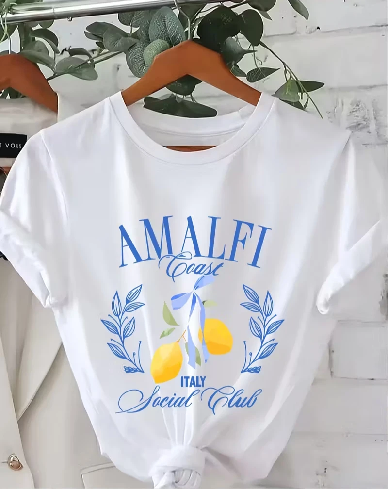 Women's Plus Size Casual Short Sleeve T-Shirt - Amalfi Coast Italy Social Club Graphic Print with Lemon & Leaf Daily Streetwear