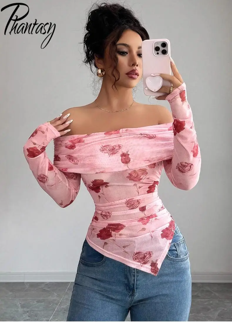 

Spring Summer Off-Shoulder Long-Sleeve Top Sexy Fitted Ruffled Hem Asymmetrical Rose Flounce Sleeves Mesh Fabric Women's Blouse