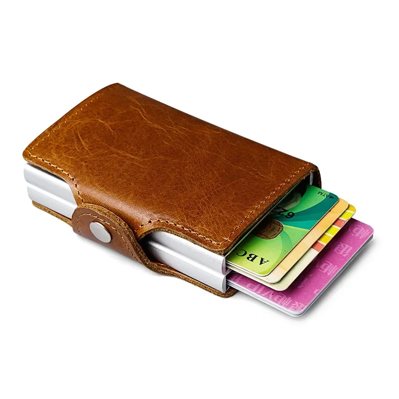 

Double Pop up Leather Rfid wallet for Credit Card Holder Aluminium RFID Blocking Wallet Hasp Mini Vintage Wallet Hold Cards