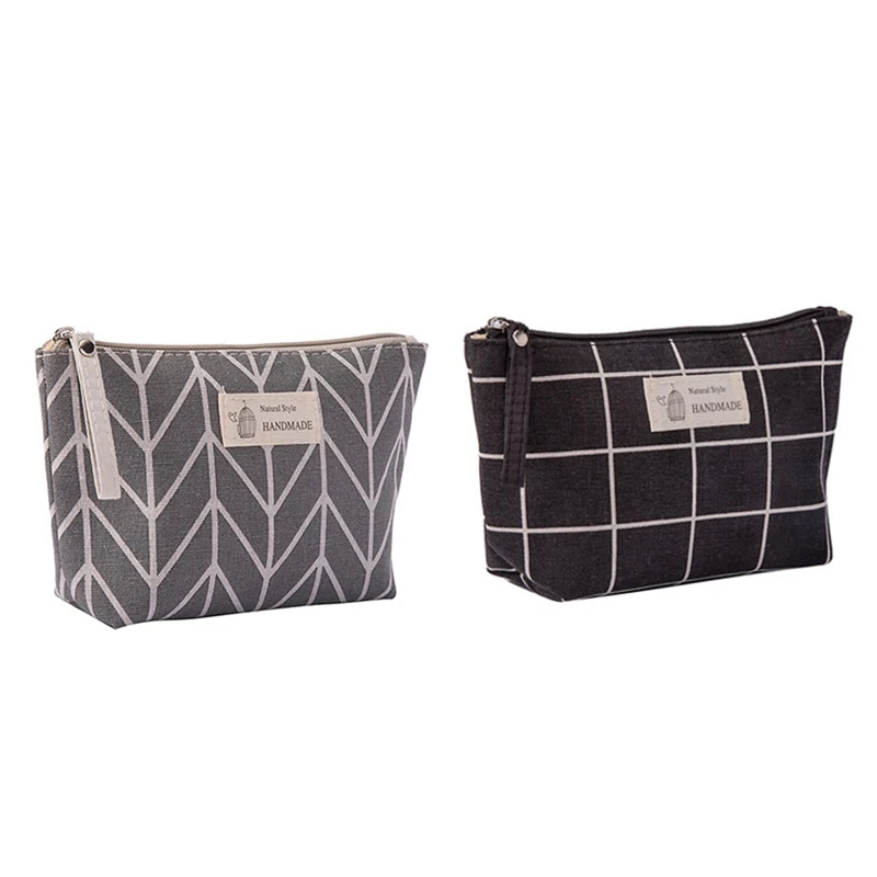 2 Pcs Women Plaid Cosmetic Bag Makeup Bags Handbag Female Zipper Purse Small Make Up Bags Black Plaid & Gray Arrow